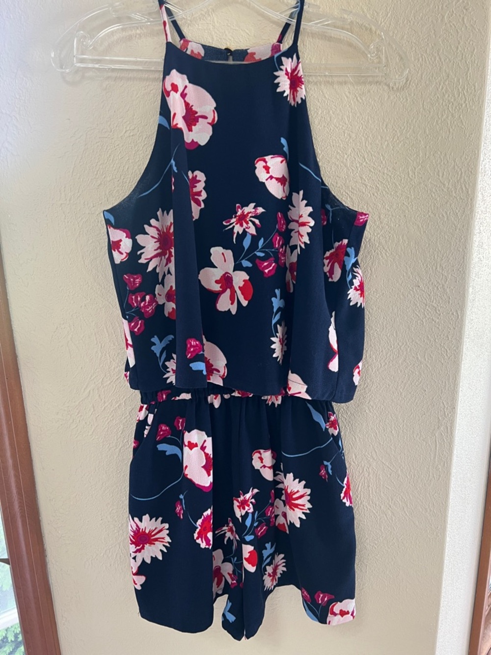 MudPie Navy Floral Halter Romper with Pink & White Blooms size XS